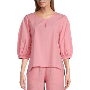 Bryn Walker Lucinda Poplin Crew Neck 3/4 Sleeve Hi-Low Hem Blouse Top Size Small